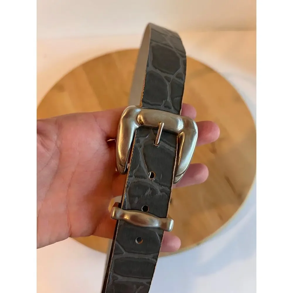 Vintage 90s Gray Vegan Snake Skin Leather Chunky Silver Buckle Belt Size Small
